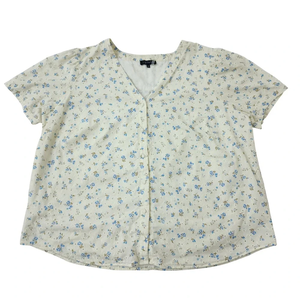 1.STATE Womens 2X Blue Floral Eyelet Button Front V-Neck‎ Short Sleeve Blouse